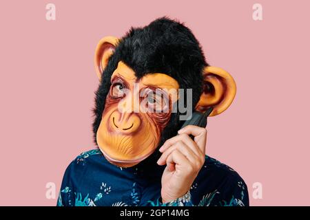 closeup of a young man wearing a monkey mask speaking in an old mobile phone, against a pink background Stock Photo