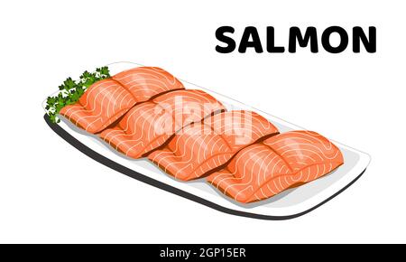 A dish of sliced salmon on white background. Isolated close up vector illustration. Stock Vector