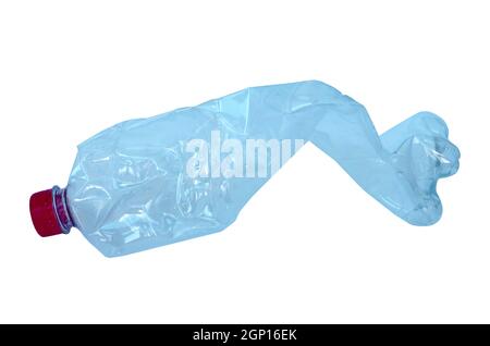 Close up of a plastic bottle isolated on white background. Recycling concept. Used plastic bottle crushed and crumpled against on the white background. Stock Photo