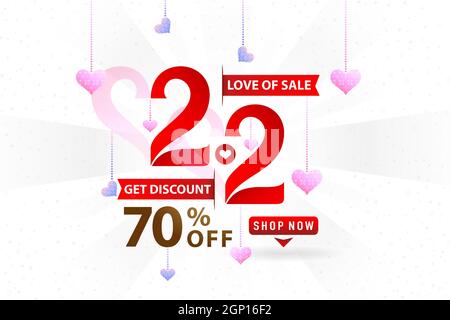 2.2 sale, 2.2 online sale, Month Of Love Sale gradient red with sparkle star and pink purple isolated white backgrounds for poster flyer design, social media banner, online shop promotion, web banner. Stock Vector
