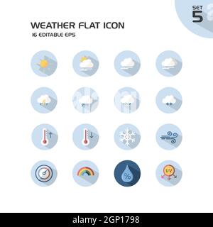 Weather and meteorology group. Sun, clouds, temperature and pressure. Isolated icon set in a circle. Flat vector illustration Stock Vector
