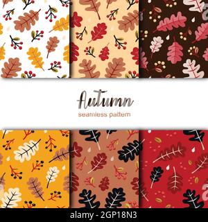 Autumn seamless pattern set. Leaves design in different colors background. Flat colorful vector illustration Stock Vector