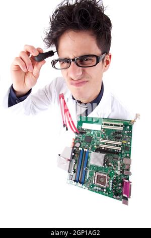Computer engineer working on an old motherboard Stock Photo