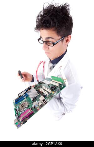 Computer engineer working on an old motherboard Stock Photo