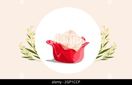 An isolated steamed cake or fa gao on white background with yellow flowers decoration. Asian food hand drawing vector illustration. Stock Vector