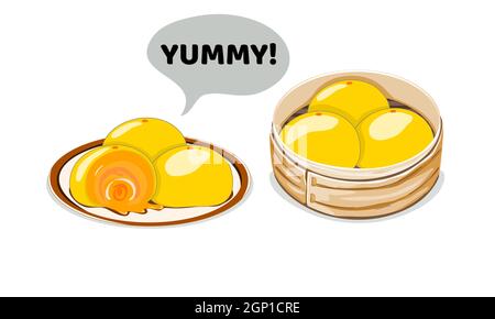 Set of steamed bun, Dim Sum custard on plate and bamboo steamer with white background. Isolated close up vector illustration. Stock Vector