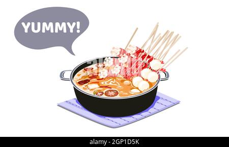 Dip pot ma la with soup in a pot on white background. Isolated close up vector illustration. Stock Vector