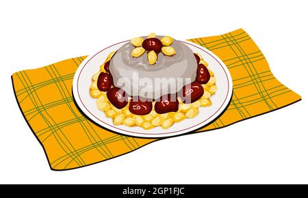 Ginkgo and Taro Trifle or Taro Ginkgo rice cake on plate with platelet on white  background. Isolated food realistic vector illustration. Stock Vector