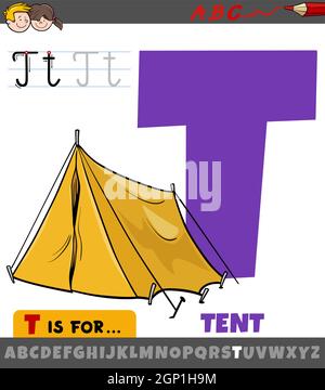 letter T from alphabet with cartoon tent object Stock Vector