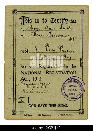 First World War National Registration Act 1915 card belonging to George Spiers Smith, Head Assistant, 38. Stamped - Whitley & Monkseaton Urban District Council, Northumberland by a recruiting officer 0n 6  December 1916