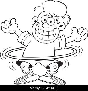 Black and white illustration of a boy playing with a hula hoop. Stock Vector
