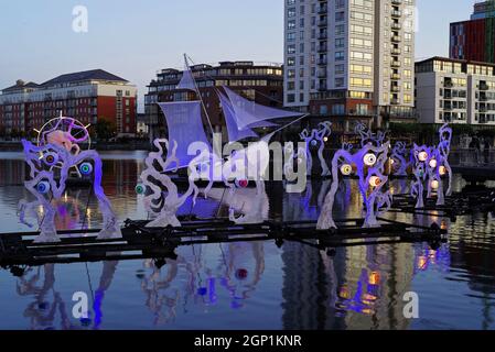 DUBLIN, IRELAND - Oct 27, 2019: The Night Watch - water borne art installation in the dusk. The Bram Stocker Festival in Dublin Docklands. Halloween c Stock Photo