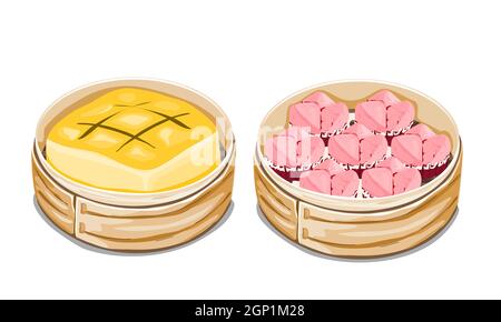 A set of fortune cake or fa gao and sponge cake on white background. Isolated close up vector illustration. Stock Vector