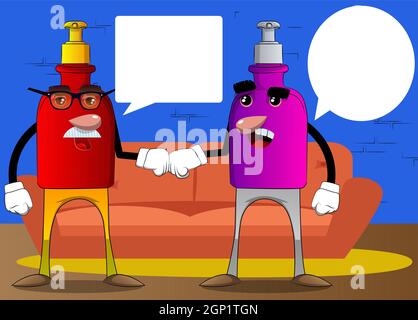 Pair of bottle of hand sanitizer giving a fist bump. Stock Vector