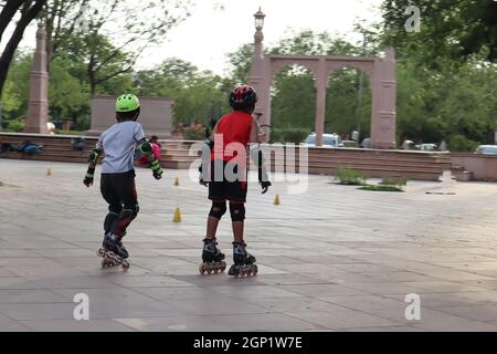 Jaipur, Rajasthan, India: July 28, 2019: Childerns learning skating. Stock Photo