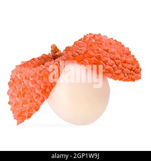 Isolated lychees. One whole ripe litchi fruit isolate on white background with clipping path for package design. Full depth of field. Stock Photo