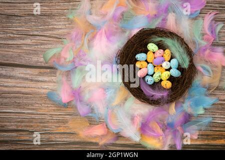 Colorful bright easter eggs in bird nest with Pastel colored feathers and wooden background texture top view, Copy Space, Spring, Easter Holliday, gre Stock Photo