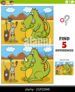 differences educational game with knight and dragon Stock Vector
