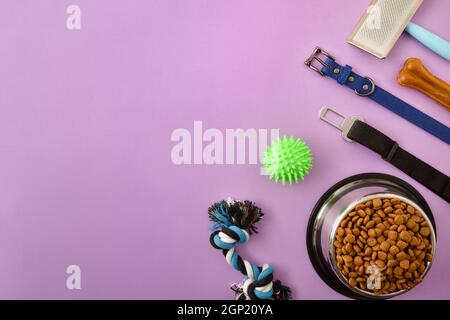 Food and accessories for walk, play and body care for the dog on lilac table. Top view. Horizontal composition. Stock Photo
