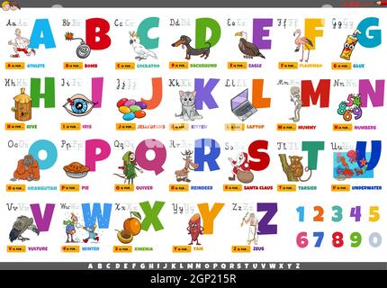 alphabet with cartoon characters and objects educational set Stock Vector