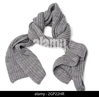 knitted gray scarf isolated on white background, warm accessory, top view Stock Photo
