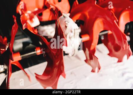 Red-black snowblower machine in the process of work. High quality photo Stock Photo