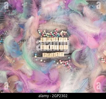 Gender reveal party written with wooden cubes surrounded with colorful bright pastel feathers for baby.boy,girl,party,greeting card or background conc Stock Photo