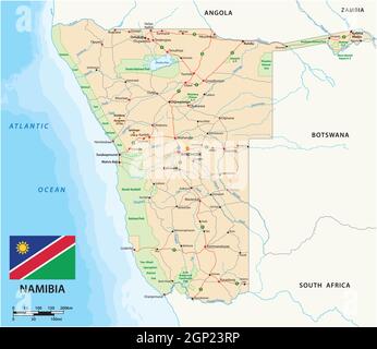 vector road map of Namibia with flag Stock Vector