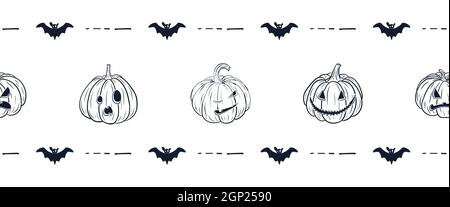 Happy Halloween Border. Cartoon Style. Scary Pumpkins with Faces. Pumpkin jack lantern and Bat border for autumn holiday design and decoration. Premium Vector Stock Vector