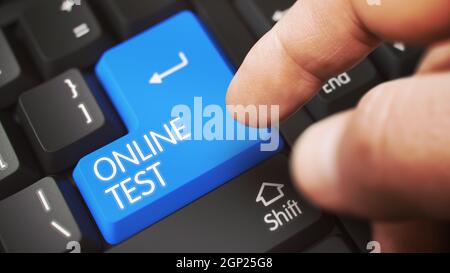 Close Up view of Male Hand Touching Blue ONLINE TEST Computer Button. 3D. Stock Photo