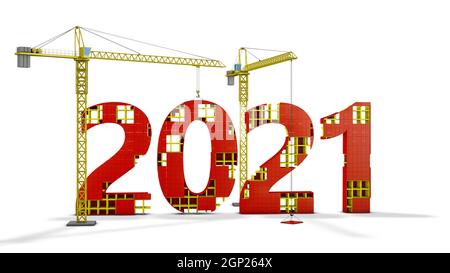 Two tower cranes building a volumetric figure of 2021. 3d render. Stock Photo