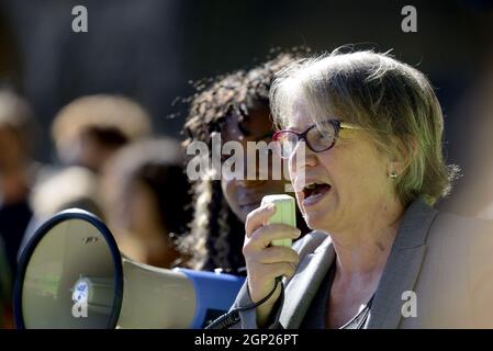 Baroness Natalie Bennett, former leader of the Green Party of England and Wales, in Parliament Square Sept 2021 at a Fridays for Future environmental Stock Photo