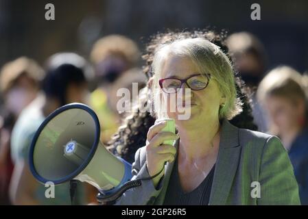 Baroness Natalie Bennett, former leader of the Green Party of England and Wales, in Parliament Square, Sept 2021 at a Fridays for Future environmental Stock Photo