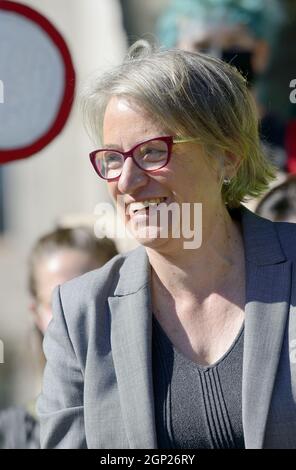 Baroness Natalie Bennett, former leader of the Green Party of England and Wales, in Parliament Squarem Sept 2021 at a Fridays for Future environmental Stock Photo