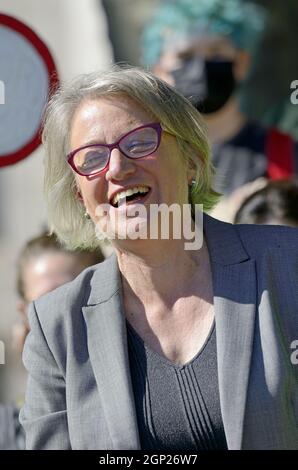 Baroness Natalie Bennett, former leader of the Green Party of England and Wales, in Parliament Squarem Sept 2021 at a Fridays for Future environmental Stock Photo