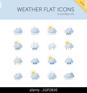 Weather and meteorology group. Clouds, fog, rain, storm, snow and sleet. Isolated icon set. Flat vector illustration Stock Vector