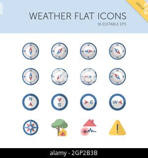 Weather and meteorology group. Compass and natural disasters. Isolated icon set. Flat vector illustration Stock Vector