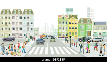 Road traffic with people on the sidewalk illustration Stock Vector ...