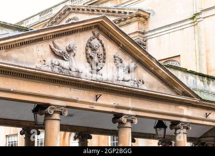 The pediment of the Pump Room, Bath, Somerset, England Stock Photo