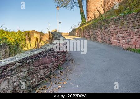 evening scenery with access road around Wertheim Castle in Southern Germany Stock Photo