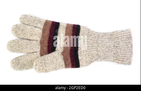 knitted woolen mitten from gray threads, isolated on white background, close up Stock Photo