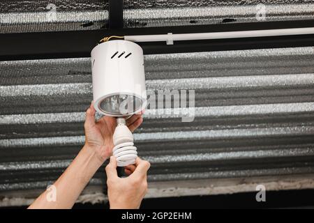 Close up human hand is removing a fluorescent light bulb in a circular ceiling lamp to turn it into an LED bulb. Stock Photo