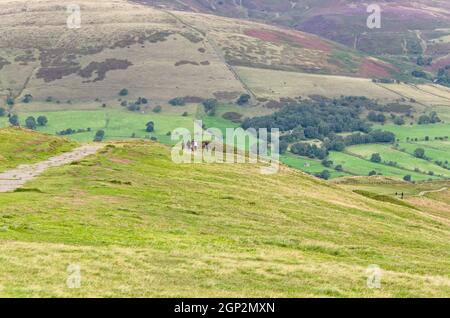 Walkers on the Great Ridge, as seen from Mam Tor, Peak District National Park, Derbyshire, England Stock Photo