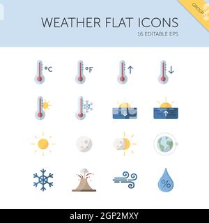 Weather and meteorology group. Temperature, humidity and natural phenomenon. Isolated icon set. Flat vector illustration Stock Vector