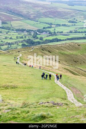 Walkers on the Great Ridge, as seen from Mam Tor, Peak District National Park, Derbyshire, England Stock Photo