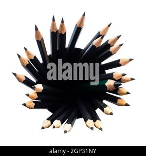 top view of many sharp graphite pencils in round holder isolated on white background Stock Photo