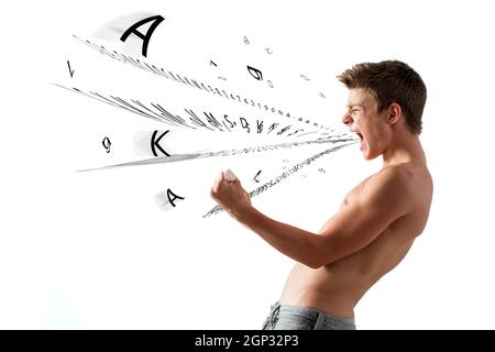 Close up conceptual portrait of teen Boy shouting out random letters and symbols.Isolated on white background. Stock Photo