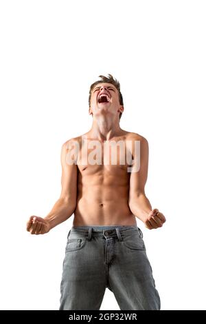 Portrait of Teen boy screaming of frustration.Isolated on white background. Stock Photo