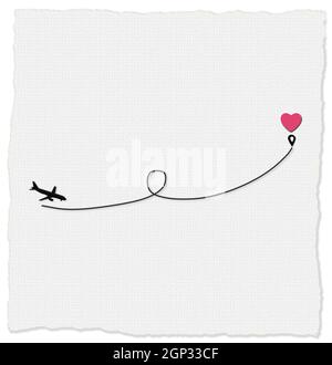 Love airplane route to destination point pink heart. Romantic travel, heart, plane route, path. Valentines card, love concept, isolated on white backg Stock Photo