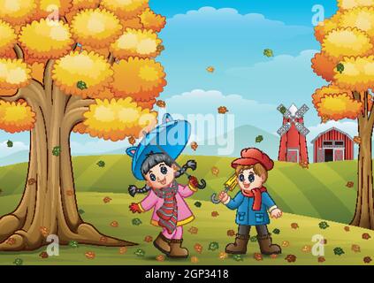 Kids playing in farm landscape at autumn Stock Vector